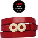 %100 Hakiki Deri, Gold Renk Tokalı Ince 2 cm Kırmızı Kadın Kemeri; Elbise, Pantolon Kemeri Göz.oval - 105 cm