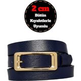 %100 Hakiki Deri, Gold Renk Tokalı Ince 2 cm Lacivert Kadın Kemeri; Elbise, Pantolon Kemeri_dikd - 95 cm