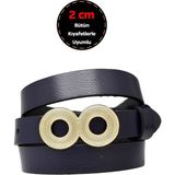 %100 Hakiki Deri, Gold Renk Tokalı Ince 2 cm Lacivert Kadın Kemeri; Elbise, Pantolon Kemeri_gözovr - 105 cm