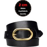 %100 Hakiki Deri, Gold Renk Tokalı Ince 2 cm Siyah Kadın Kemeri; Elbise, Pantolon KEMERI_2CMOVAL - 110 cm