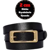 %100 Hakiki Deri, Gold Renk Tokalı Ince 2 cm Siyah Kadın Kemeri; Elbise, Pantolon Kemeri_dikdörtgen - 90 cm
