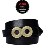 %100 Hakiki Deri, Gold Renk Tokalı Ince 2 cm Siyah Kadın Kemeri; Elbise, Pantolon Kemeri_gözovr - 125 cm