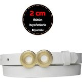%100 Hakiki Deri, Gold Renk Tokalı Ince 2 cm Süt Beyaz Kadın Kemeri; Elbise, Pantolon Kemeri_gözov - 105 cm - 1BW-Beyaz