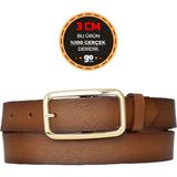 %100 Hakiki Deri, Gold Tokalı Kahverengi 3 cm Kadın Kemeri, Pantolon Kemeri, Şort Kemeri 3CMKDN50 - 90 cm