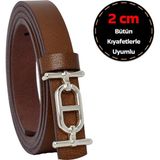%100 Hakiki Deri, Gümüş Renk Tokalı Ince 2 cm Açık Kahverengi Kadın Elbise, Pantolon Kemeri; Tt+Tt - 115 cm