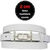 %100 Hakiki Deri, Gümüş Renk Tokalı Ince 2 cm Beyaz Kadın Elbise, Pantolon Kemeri; Tt+Tt - 90 cm