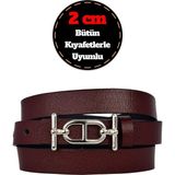 %100 Hakiki Deri, Gümüş Renk Tokalı Ince 2 cm Bordo Kadın Elbise, Pantolon Kemeri; Tt+Tt - 115 cm