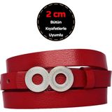 %100 Hakiki Deri, Gümüş Renk Tokalı Ince 2 cm Kırmızı Kadın Kemeri; Elbise, Pantolon Kemeri Göz.oval - 110 cm