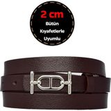 %100 Hakiki Deri, Gümüş Renk Tokalı Ince 2 cm Koyu Kahverengi Kadın Elbise, Pantolon Kemeri; Tt+Tt - 120 cm