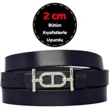 %100 Hakiki Deri, Gümüş Renk Tokalı Ince 2 cm Lacivert Kadın Elbise, Pantolon Kemeri; Tt+Tt - 100 cm