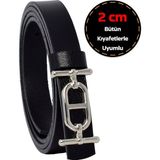 %100 Hakiki Deri, Gümüş Renk Tokalı Ince 2 cm Siyah Kadın Elbise, Pantolon Kemeri; Tt+Tt - 120 cm