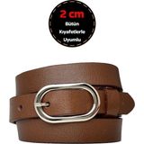 %100 Hakiki Deri, Gümüş Tokalı Ince 2 cm Açık Kahverengi Kadın Kemeri; Elbise, Pantolon Kemeri_oval - 100 cm