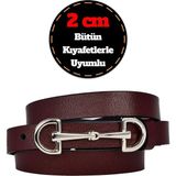 %100 Hakiki Deri, Gümüş Tokalı Ince 2 cm Bordo Kadın Kemeri; Elbise Kemeri, Pantolon Kemerid&d - 110 cm