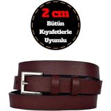 %100 Hakiki Deri, Gümüş Tokalı Ince 2 cm Bordo Kadın Kemeri; Elbise Kemeri, Pantolon Kemeri_kare - 105 cm