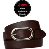 %100 Hakiki Deri, Gümüş Tokalı Ince 2 cm Koyu Kahverengi Kadın Kemeri; Elbise, Pantolon Kemeri_oval - 120 cm