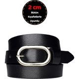 %100 Hakiki Deri, Gümüş Tokalı Ince 2 cm Siyah Kadın Kemeri; Elbise Kemeri, Pantolon KEMERI_2CMOVAL - 110 cm