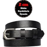 %100 Hakiki Deri, Gümüş Tokalı Ince 2 cm Siyah Kadın Kemeri; Elbise Kemeri, Pantolon Kemeri_düz - 95 cm