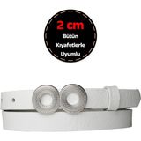 %100 Hakiki Deri, Gümüş Tokalı Ince 2 cm Süt Beyaz Kadın Kemeri; Elbise Kemeri, Pantolon Kemeri_gözo - 90 cm - 1BW-Beyaz