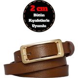 %100 Hakiki Deri, Renk Tokalı Ince 2 cm Açık Kahverengi Kadın Kemeri; Elbise, Pantolon Kemeri_dikd - 105 cm - 3BP-Kahverengi