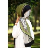 %100 İpek Çizgili Desenli Haki - Siyah Renkli 92x210 Şal