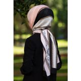100% İpek Çizgili Desenli Pudra - Siyah Renkli 92x210 Şal