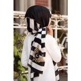 %100 İpek Çizgili Ve Varak Desenli Siyah - Krem Renkli 92x210 Şal