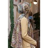 100% İpek Etnik Desenli Bej - Mürdüm Renkli 92x210 Şal