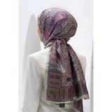 100% İpek Etnik Desenli Haki - Mor Renkli 92x210 Şal