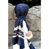 %100 İpek Etnik Desenli Lacivert - Krem Renkli 92x210 Şal