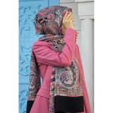 %100 İpek Etnik Desenli Siyah - Bordo Renkli 92x210 Şal