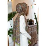 100% İpek Etro Desenli Fıstık Yeşili - Kırmızı Renkli 92x210 Şal