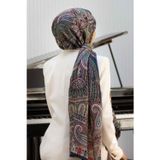 100% İPEK ETRO DESENLİ LACİVERT - FISTIK YEŞİLİ RENKLİ ŞAL