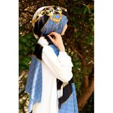 %100 İpek Monogram Ve Varak Desenli Bebe Mavisi - Gold Renkli 92x210 Şal