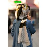 %100 İpek Monogram Ve Varak Desenli Gri - Gold Renkli 92x210 Şal