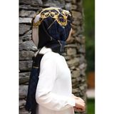 %100 İpek Monogram Ve Varak Desenli Lacivert - Gold Renkli 92x210 Şal