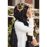 %100 İpek Monogram Ve Varak Desenli Siyah - Gold Renkli 92x210 Şal