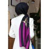 %100 İpek Şerit Ve Varak Desenli Siyah - Fuşya Renkli 92x210 Şal