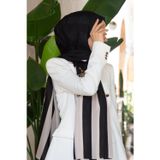 %100 İpek Şerit Ve Varak Desenli Siyah - Pembe Renkli 92x210 Şal