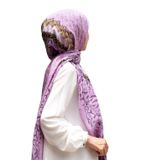 %100 İpek Yaprak Desenli Lila - Gold Renkli 92x210 Şal