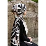 %100 İpek Yelpaze Desenli Bej - Siyah Renkli 92x210 Şal