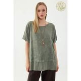 %100 Keten Çiçekli Oversize Bluz
