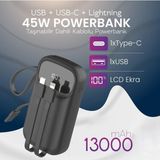 100 LCD Ekranli Powerbank | 13000 Mah | Dahili 2 Farkli Kablo | Hizli Sarj 45W Kablosuz - Siyah