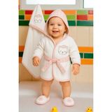 %100 Organik Pamuk 0-2 Yaş Bebek Sevimli Hayvan Nakışlı Bornoz Seti Premium Kalite - Krem - Pembe