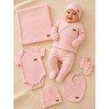 %100 Organik Pamuklu 7'li Kız Bebek Hastane Çıkış Seti – Yenidoğan Bebek Zıbın Takımı, Battaniye, Şapka, Önlük ve Eldiven Seti – Ağız Mendili Hediyeli – Pembe - 0 - 6 Ay