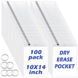 100 Paket Kuru Silme Cepleri Toplu Büyük Boy Yeniden Kullanılabilir Kuru Silme Cep Kolları 6 Halka, 10x14 Beyaz Bilet Tutucu, Şeffaf Plastik Levha Koruyucular, Öğretmen Okulu Sınıf Malzemeleri