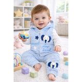 %100 PAMUK 3 PARÇALI KAPÜŞONLU FİL FİGÜRLÜ ERKEK BEBEK YELEK TAKIM-BEBE MAVİSİ - 12 - 18 Ay - Açık Mavi