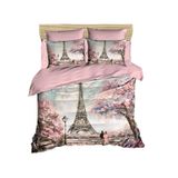 %100 Pamuk 3D Baskılı Eyfel Kulesi Temalı, Love in Paris Yatak Takımı, Tam/Queen Boy Yorgan/Nevresim Takımı, (4 Parça)