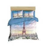 %100 Pamuk 3D Baskılı Eyfel Kulesi Temalı Mavi Paris Nevresim Takımı, Tam/Kraliçe Yorgan/Nevresim Takımı, (4)