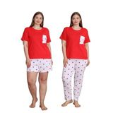 %100 Pamuk Büyük Beden 3 Parça Kadın Pijama Takımı KIRMIZI XL