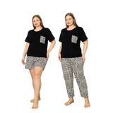 %100 Pamuk Büyük Beden 3 Parça Kadın Pijama Takımı Leopar M